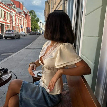 Lace Satin V-Neck Top