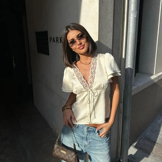 Lace Satin V-Neck Top
