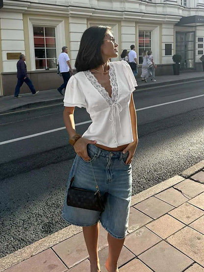 Lace Satin V-Neck Top